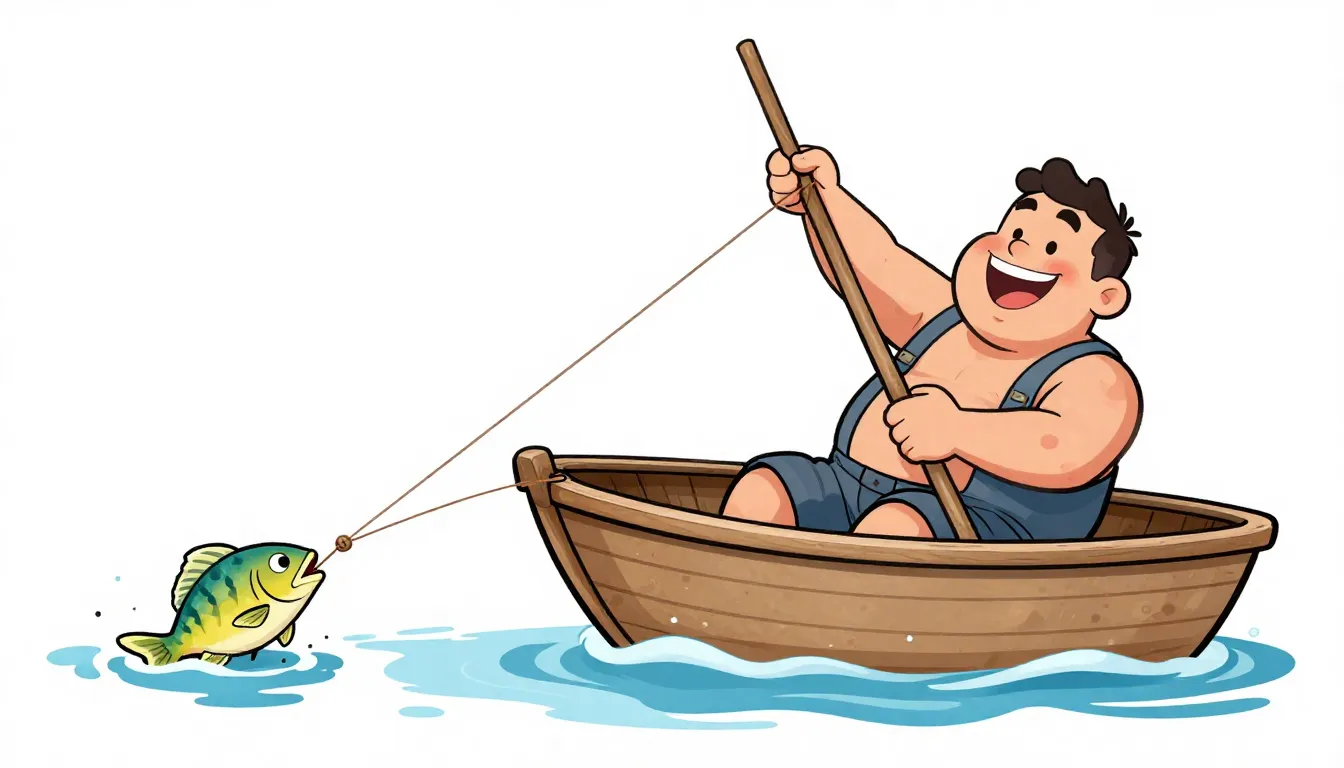 Funny cartoon illustration of a happy fisherman sitting in a...