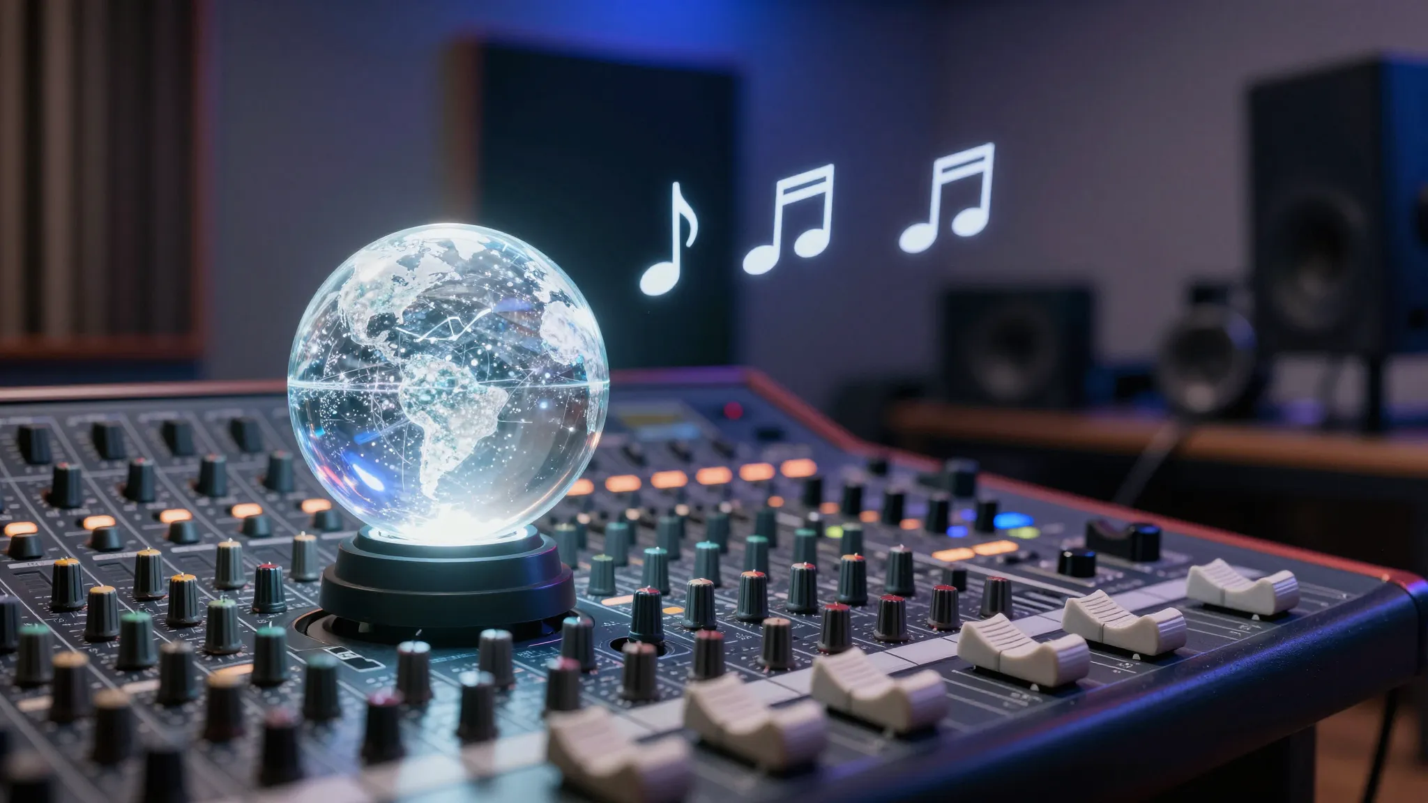 A professional music studio with a glowing crystal ball on t...