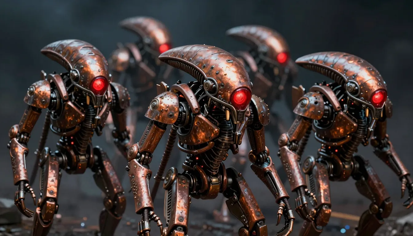 A swarm of rusty metallic alien drones, piranha-inspired mec...