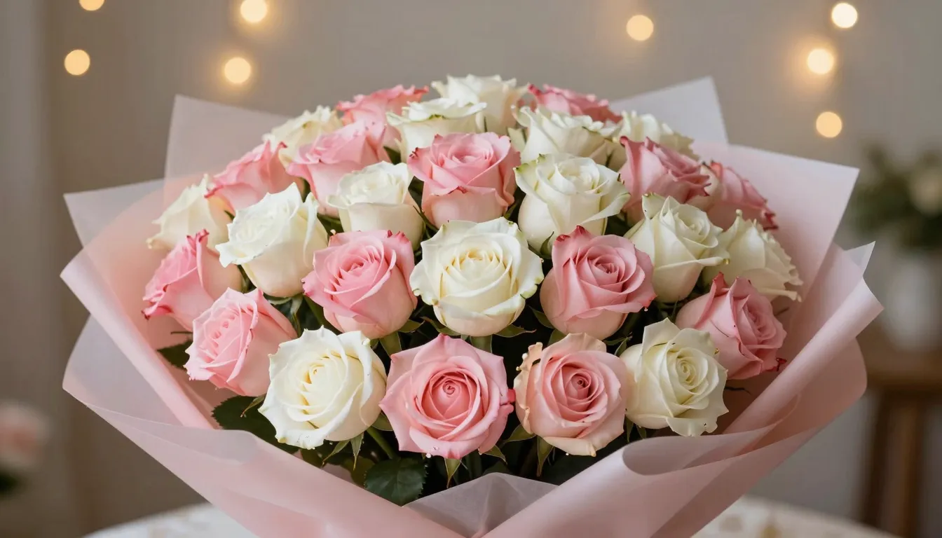 A beautiful bouquet of 49 pink and white roses, elegant back...