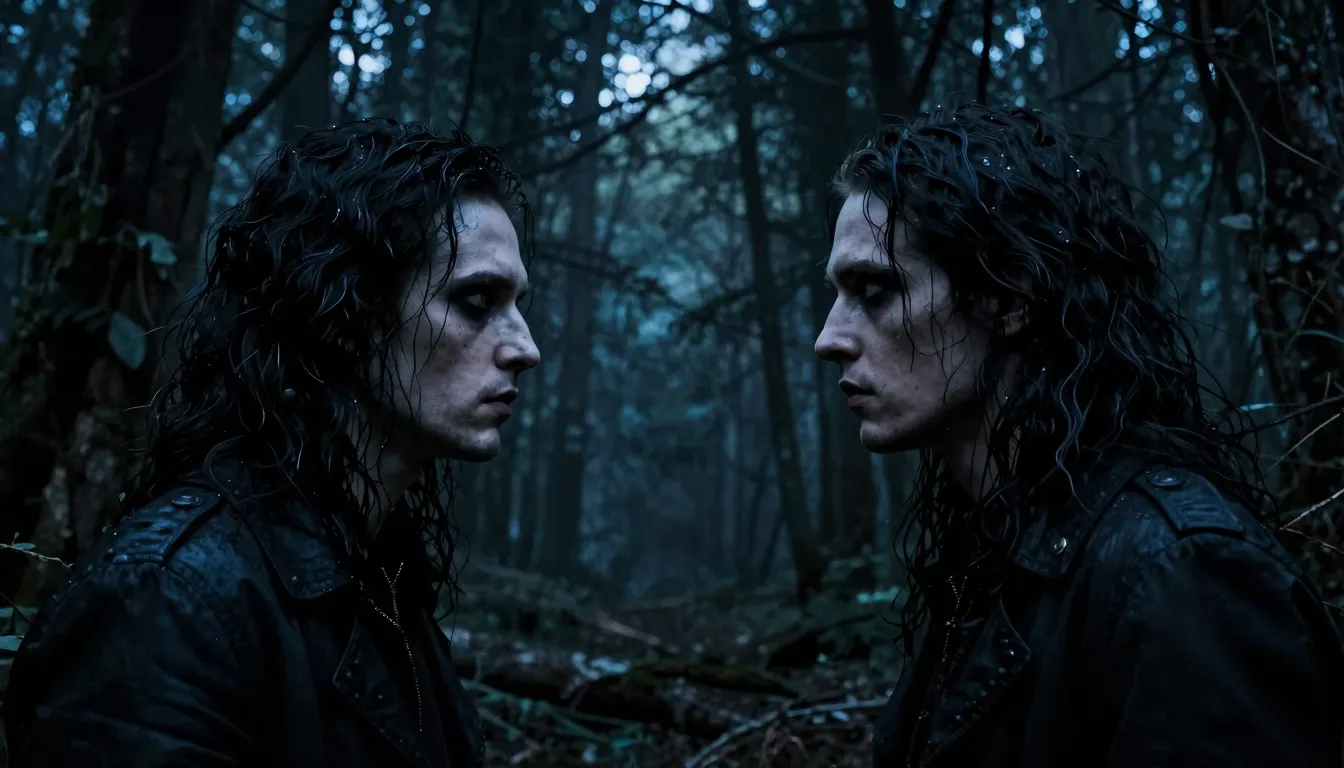 Gothic rock album cover, dark forest, two identical men star...