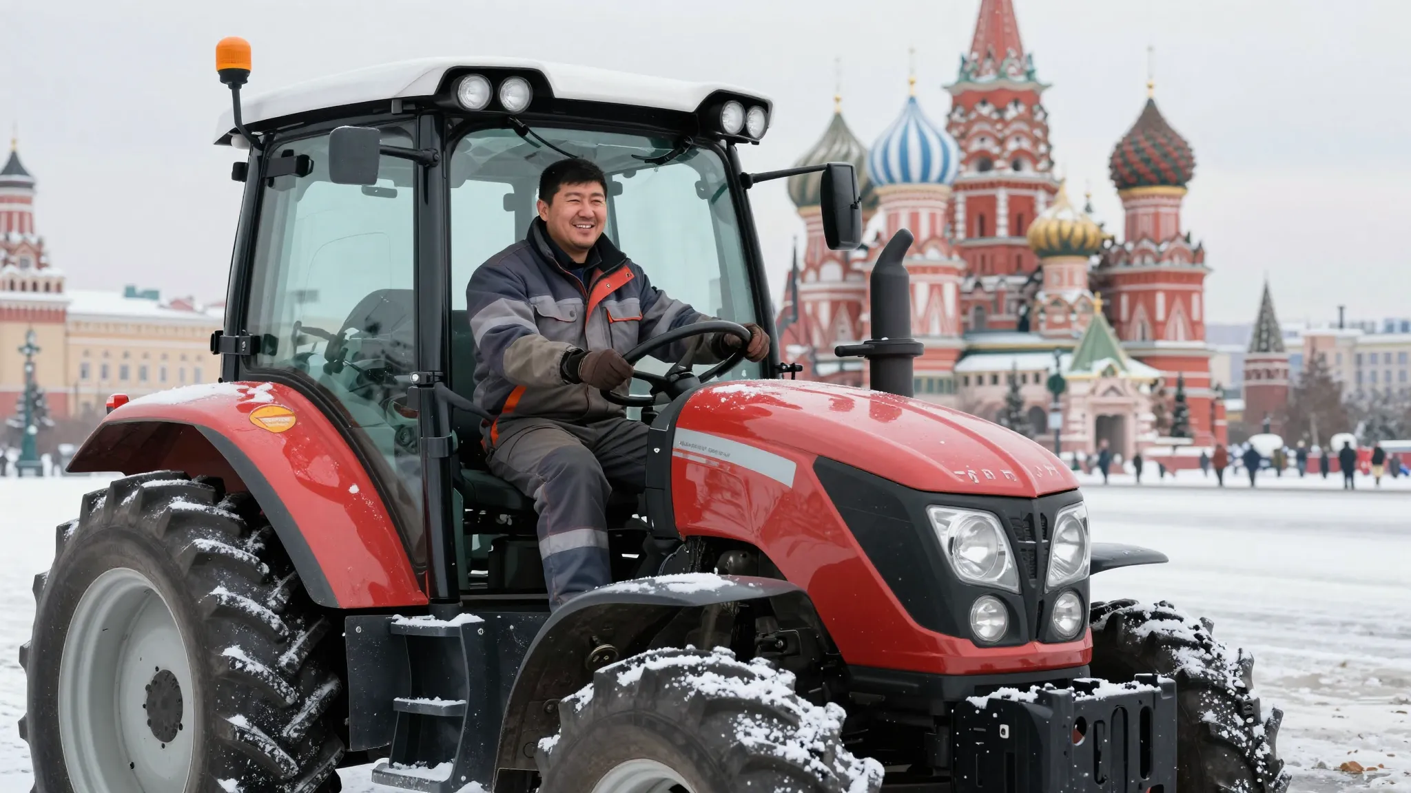 A cheerful Kyrgyz man driving a modern tractor in Moscow, sn...