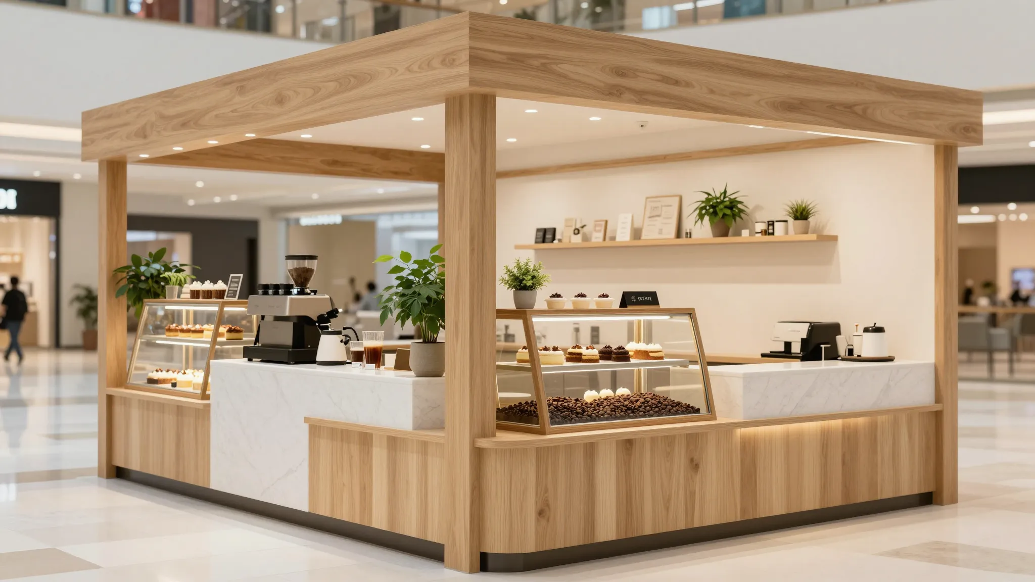 A bright and cozy coffee kiosk design for a shopping mall, 2...