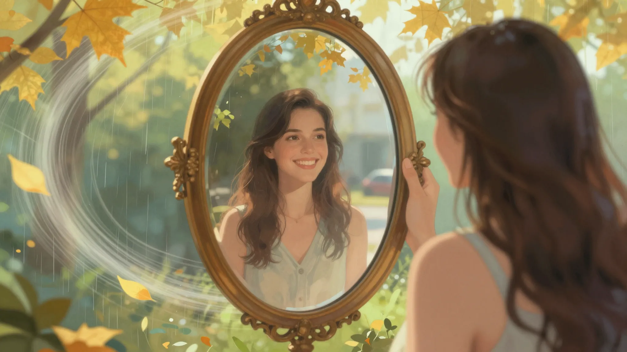 A surreal artistic illustration of a woman looking into a vi...