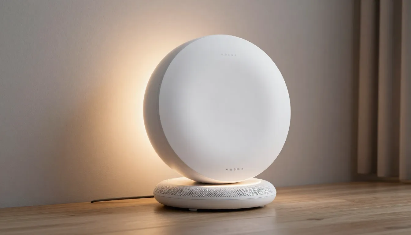 Modern high-tech voice assistant device, minimalist design w...