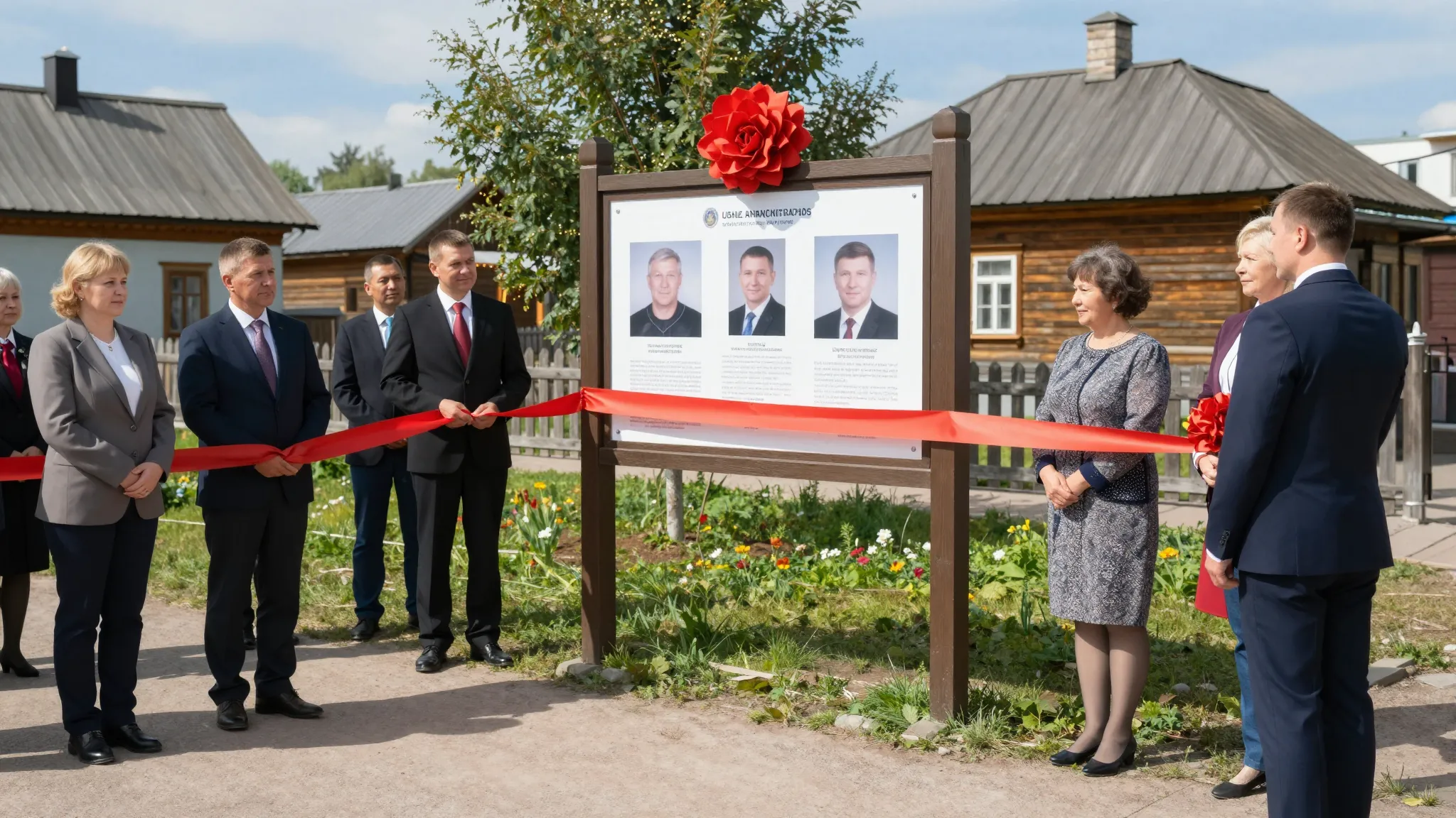 A festive outdoor ceremony in a Russian village, a red ribbo...