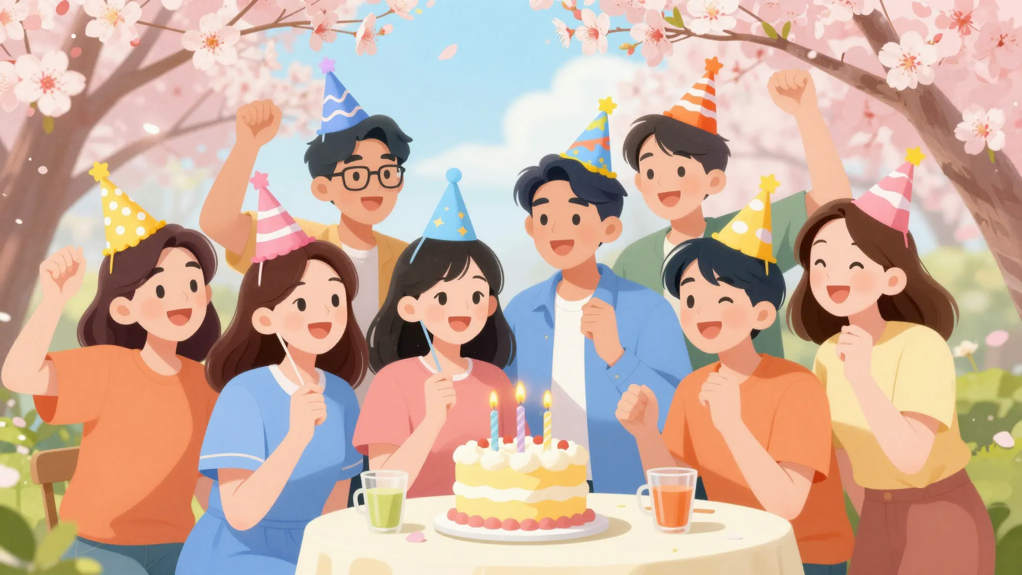 A group of cheerful friends at a birthday party, spring back...