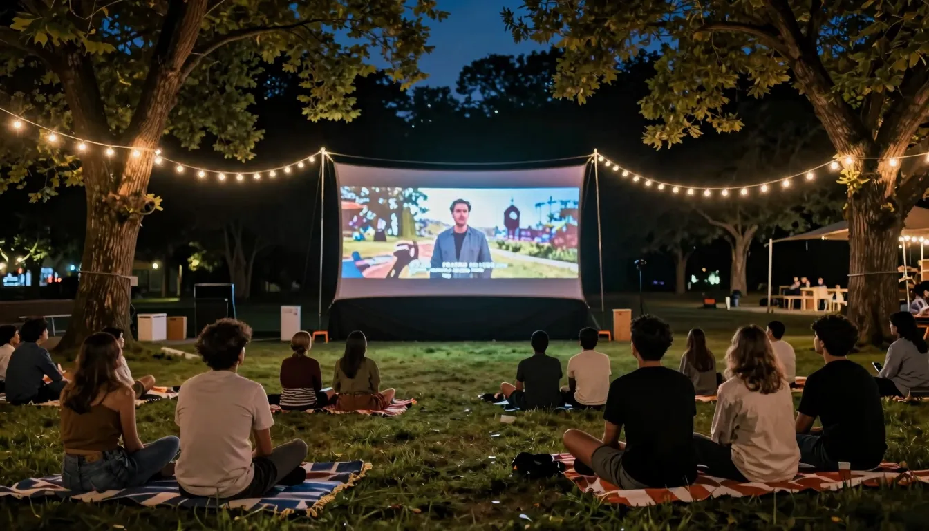A beautiful outdoor summer cinema scene at night in a park, ...