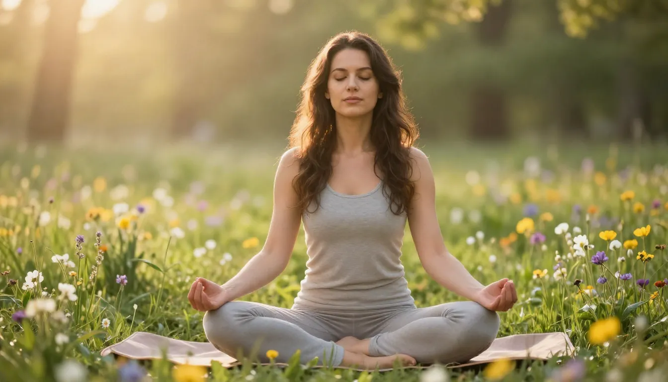 A beautiful woman sitting in a meditation pose in a field of...