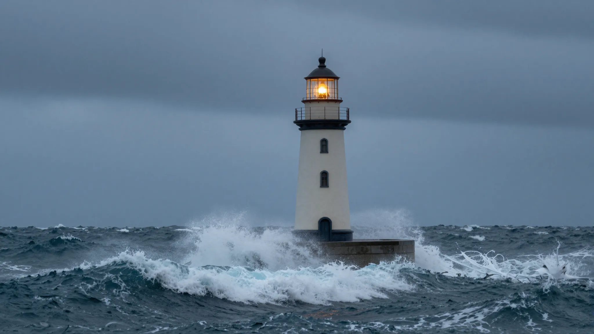 A lonely lighthouse standing strong against stormy ocean wav...