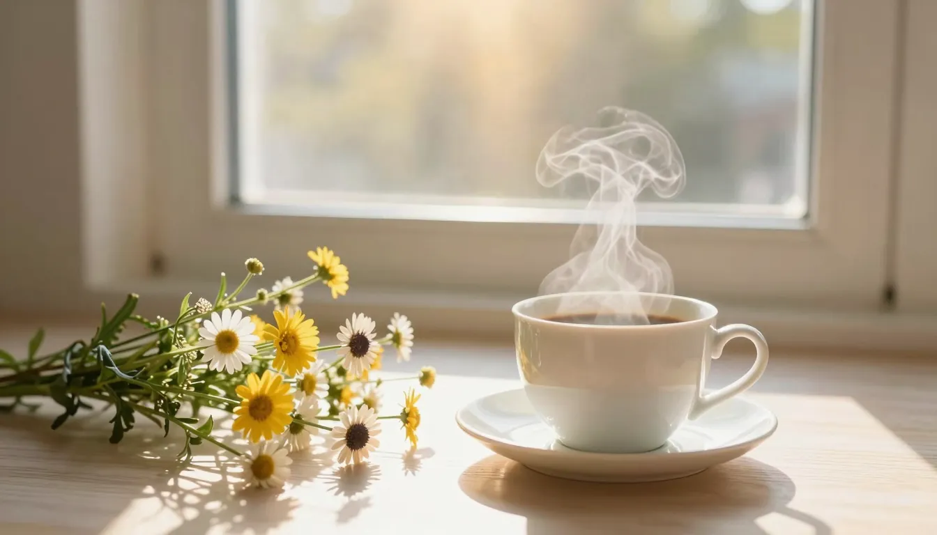A bright and airy morning scene, golden sunlight streaming t...