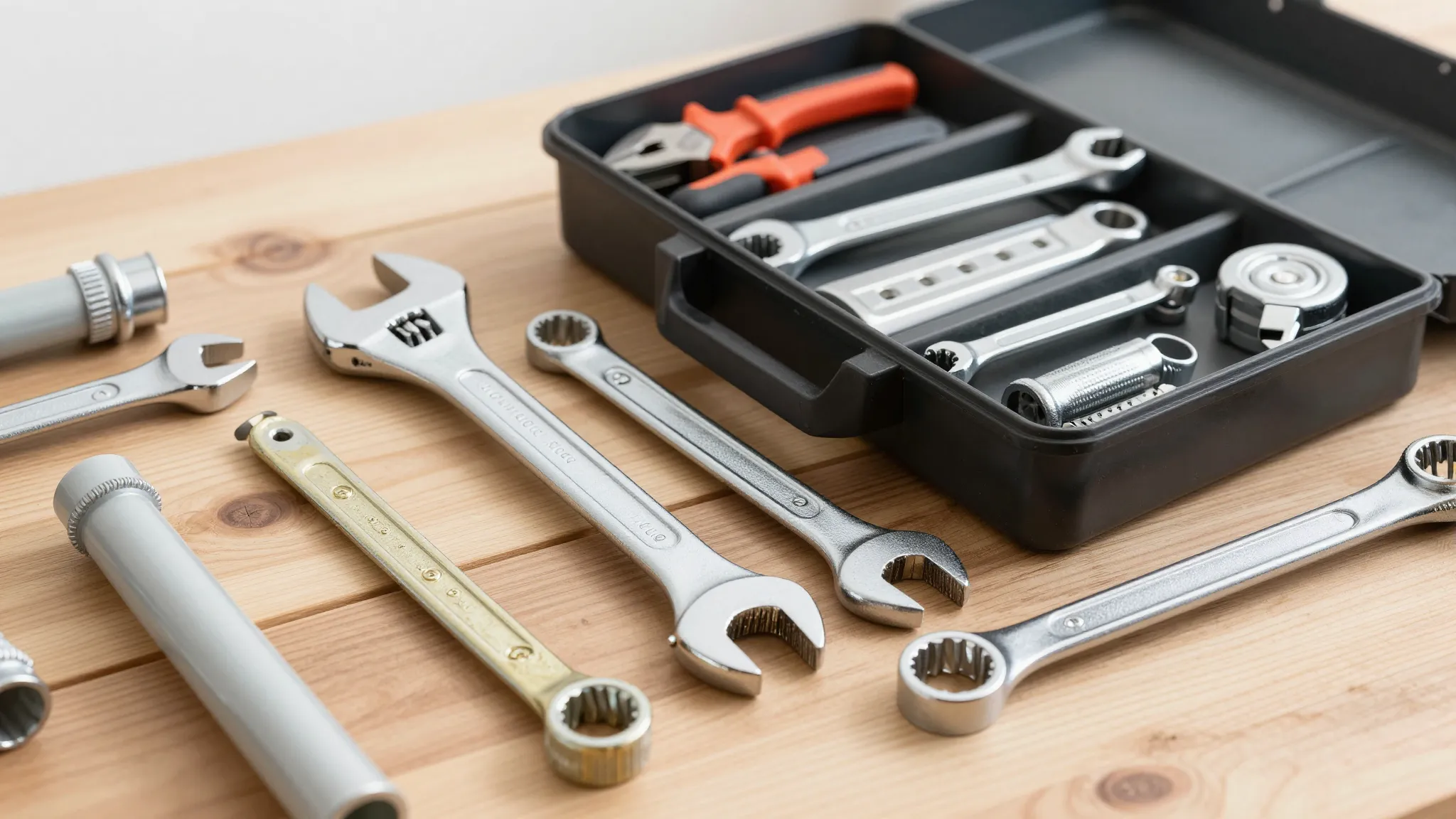 Professional plumber's toolbox with various tools, wrench, a...