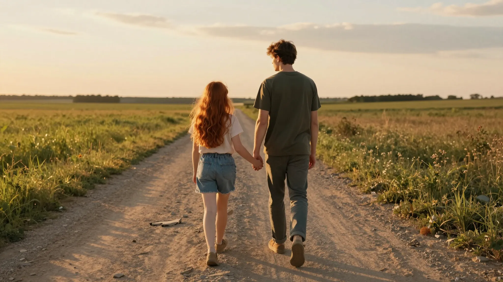 Back view of a young man and a girl with long ginger hair wa...