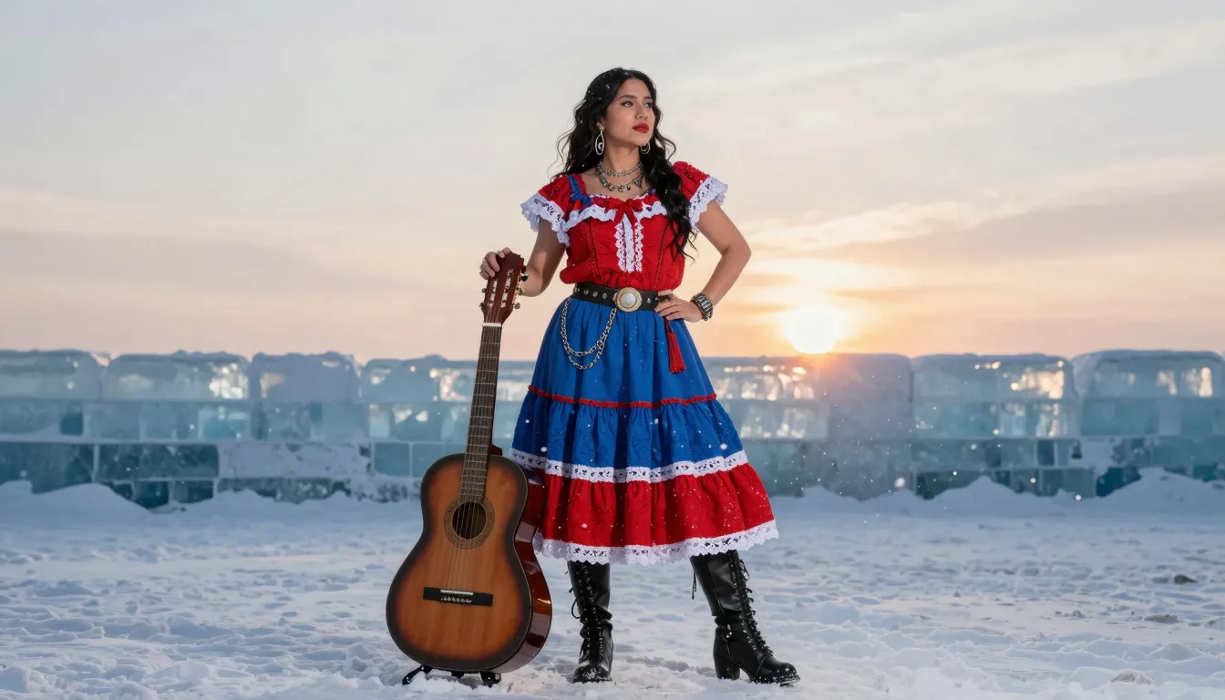 A stylish woman with a guitar standing in a snowy landscape,...