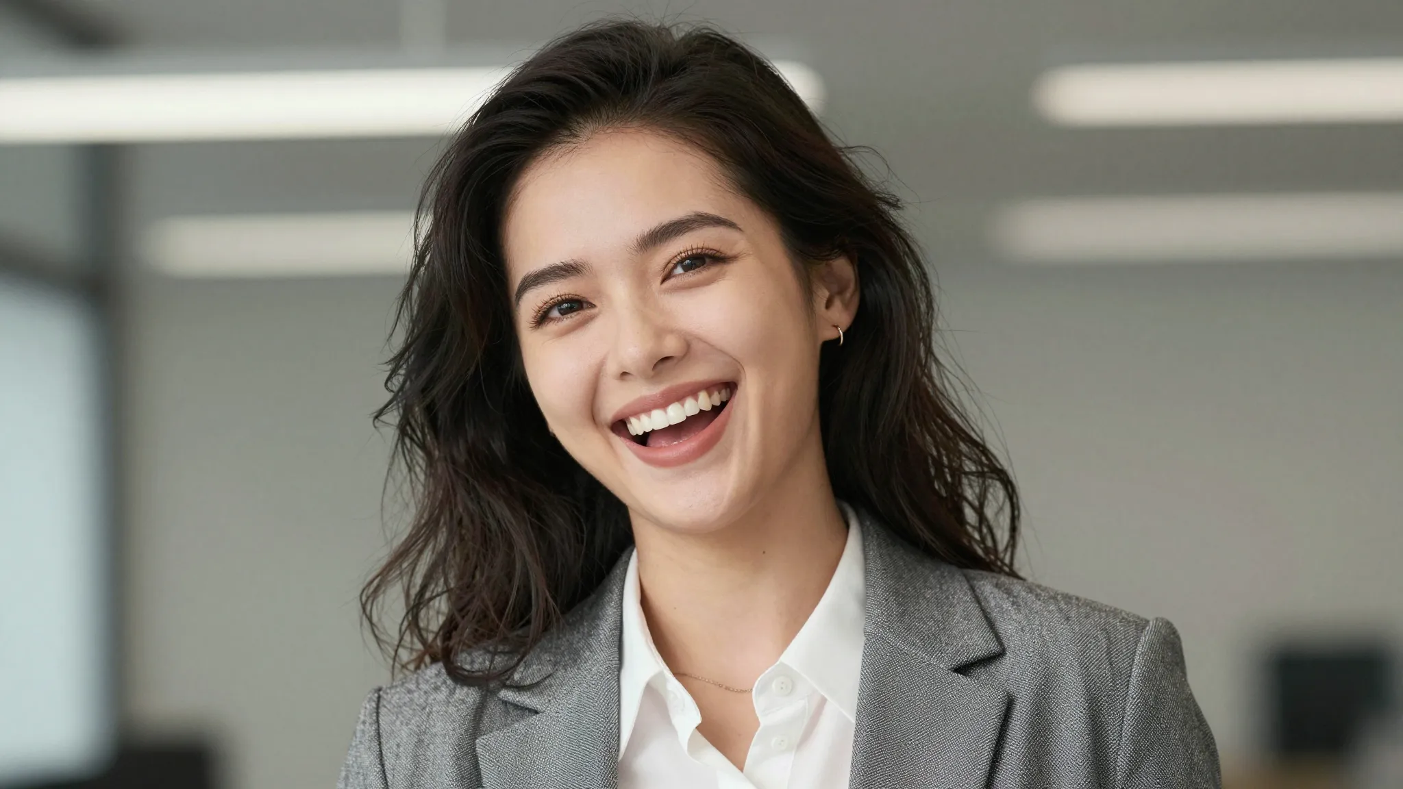 A stylish woman with a bright smile, expressive personality,...