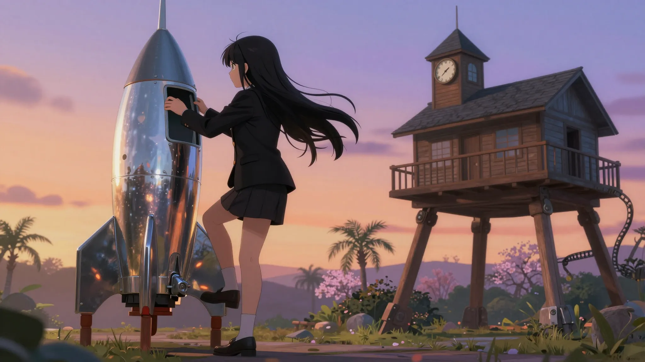 Anime style, a girl with long jet-black hair in a black blaz...