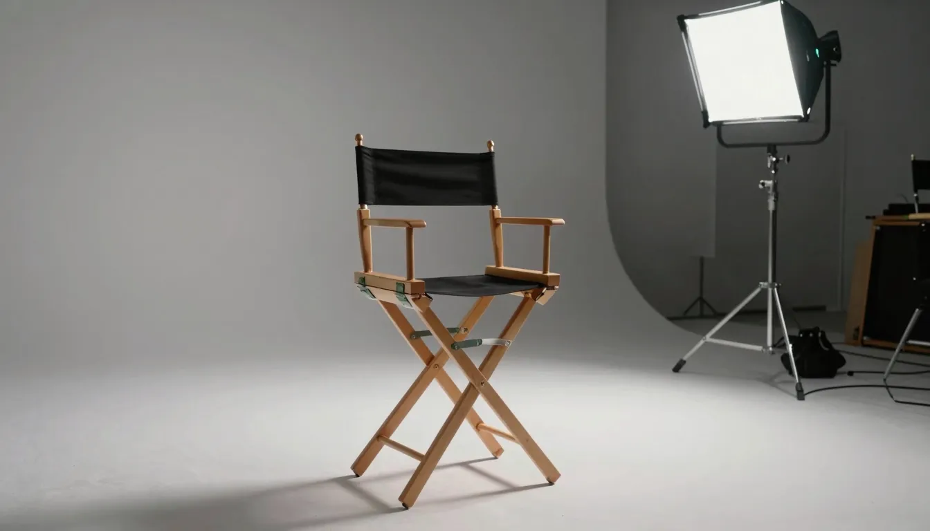 Cinematic wide shot of a film director's chair on a professi...