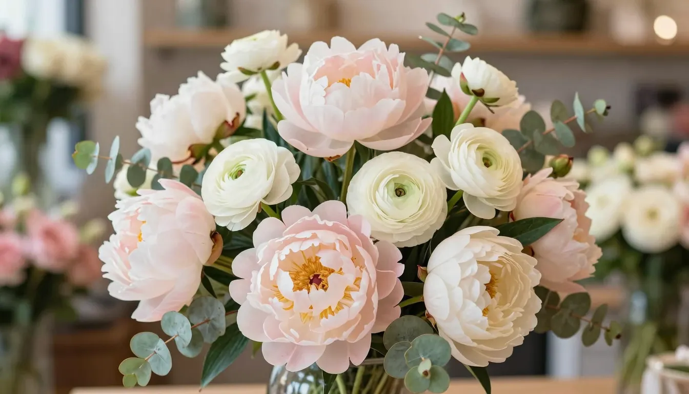 Close-up of a beautiful flower arrangement with peonies, ran...