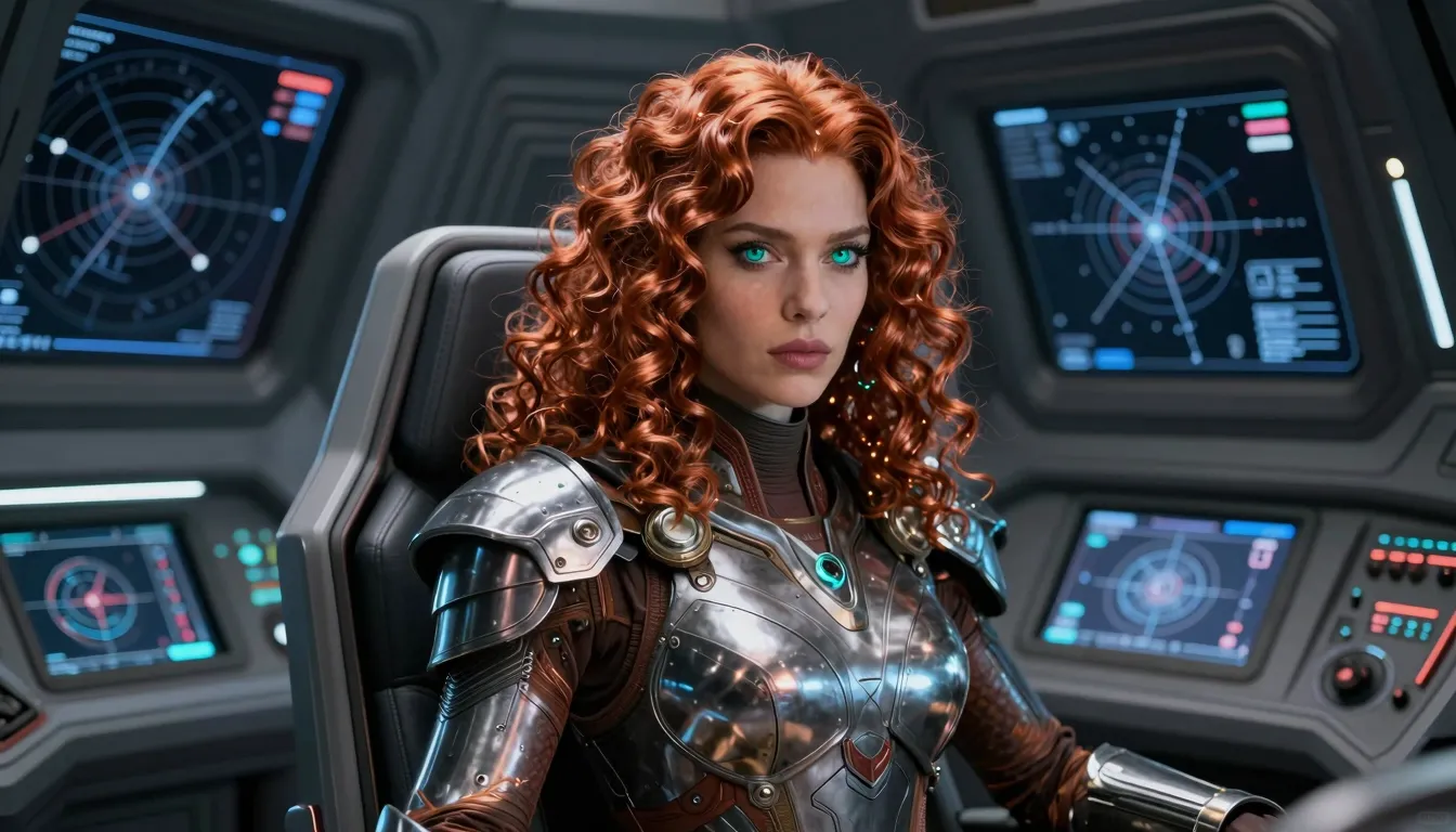 A powerful female warrior with copper curls and turquoise ey...