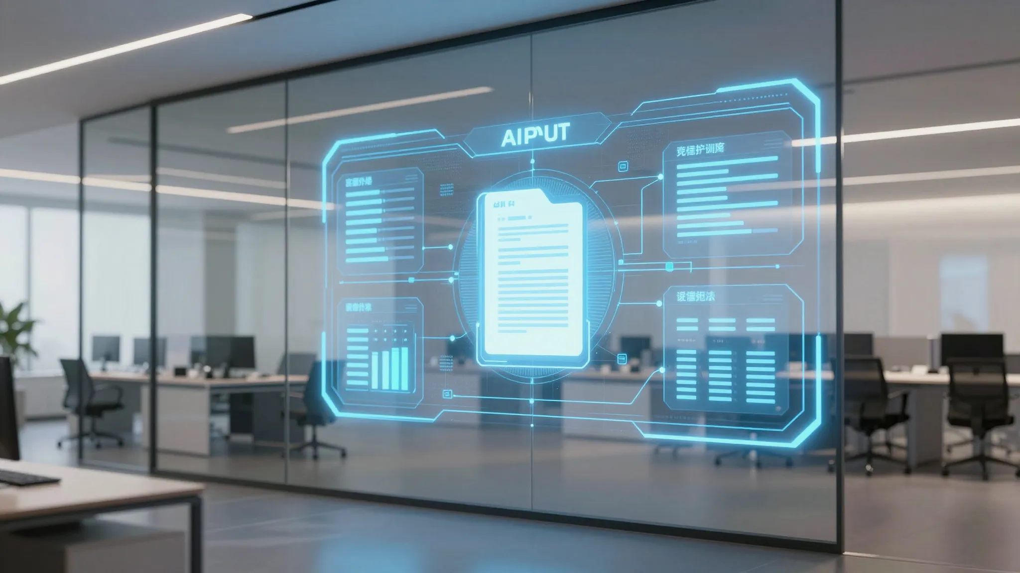 A high-tech office interior with a glass wall displaying a g...