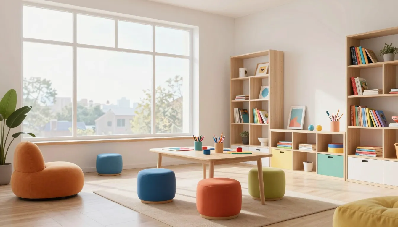 A bright and modern children's activity room with colorful f...