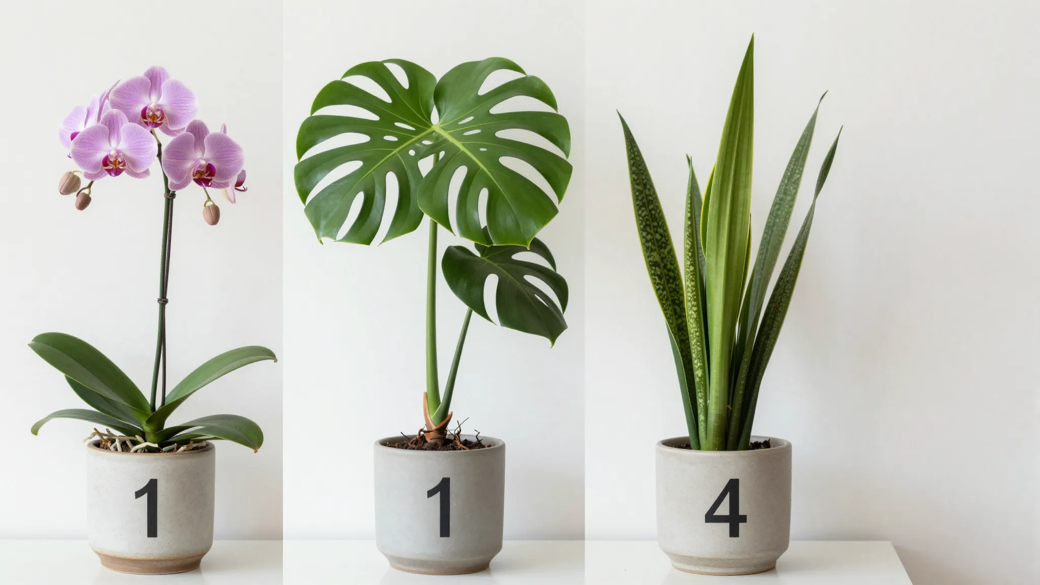 A grid of four different beautiful houseplants: a blooming o...