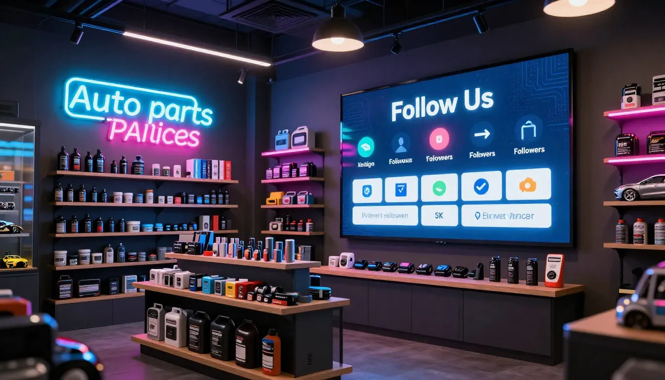 A modern auto parts store interior with glowing neon signs, ...