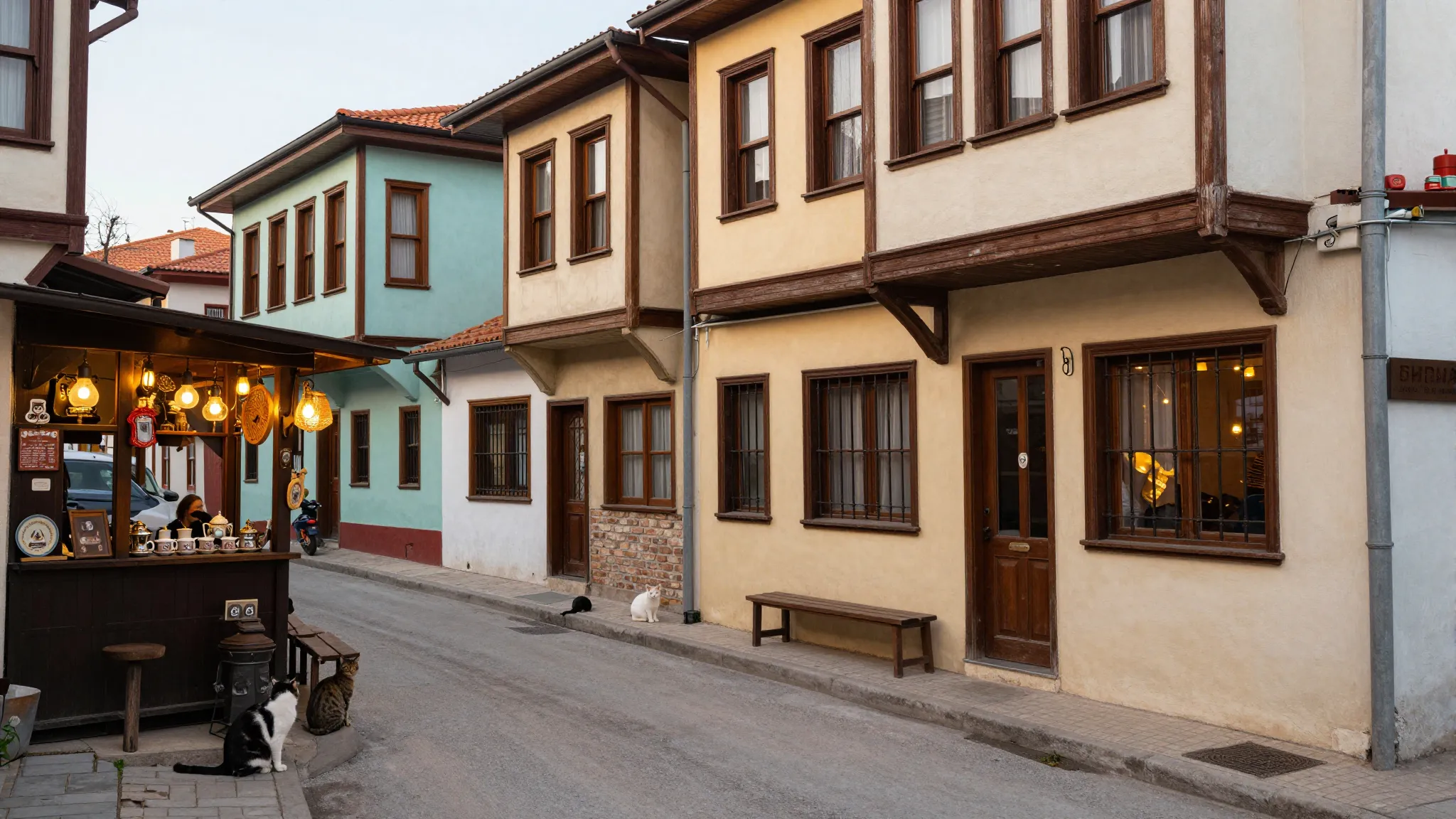 A cozy Turkish street with colorful houses and a small tea h...