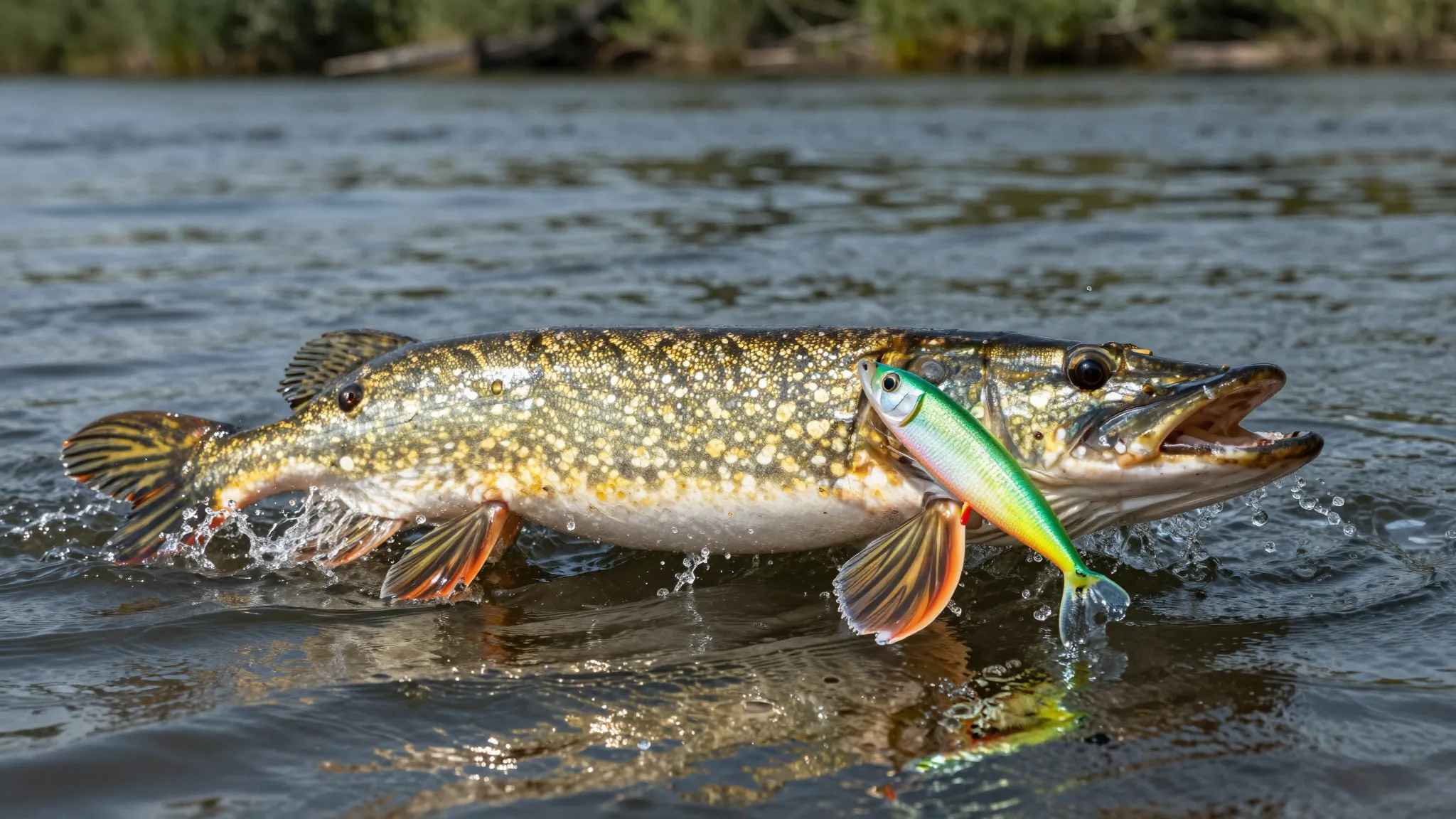 A large trophy pike chasing a bright silicone lure in the ri...