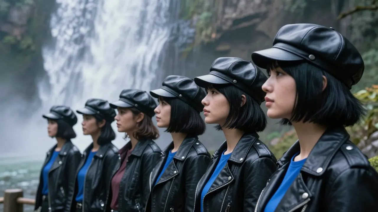 Side profile view of a group of women standing in a row, loo...