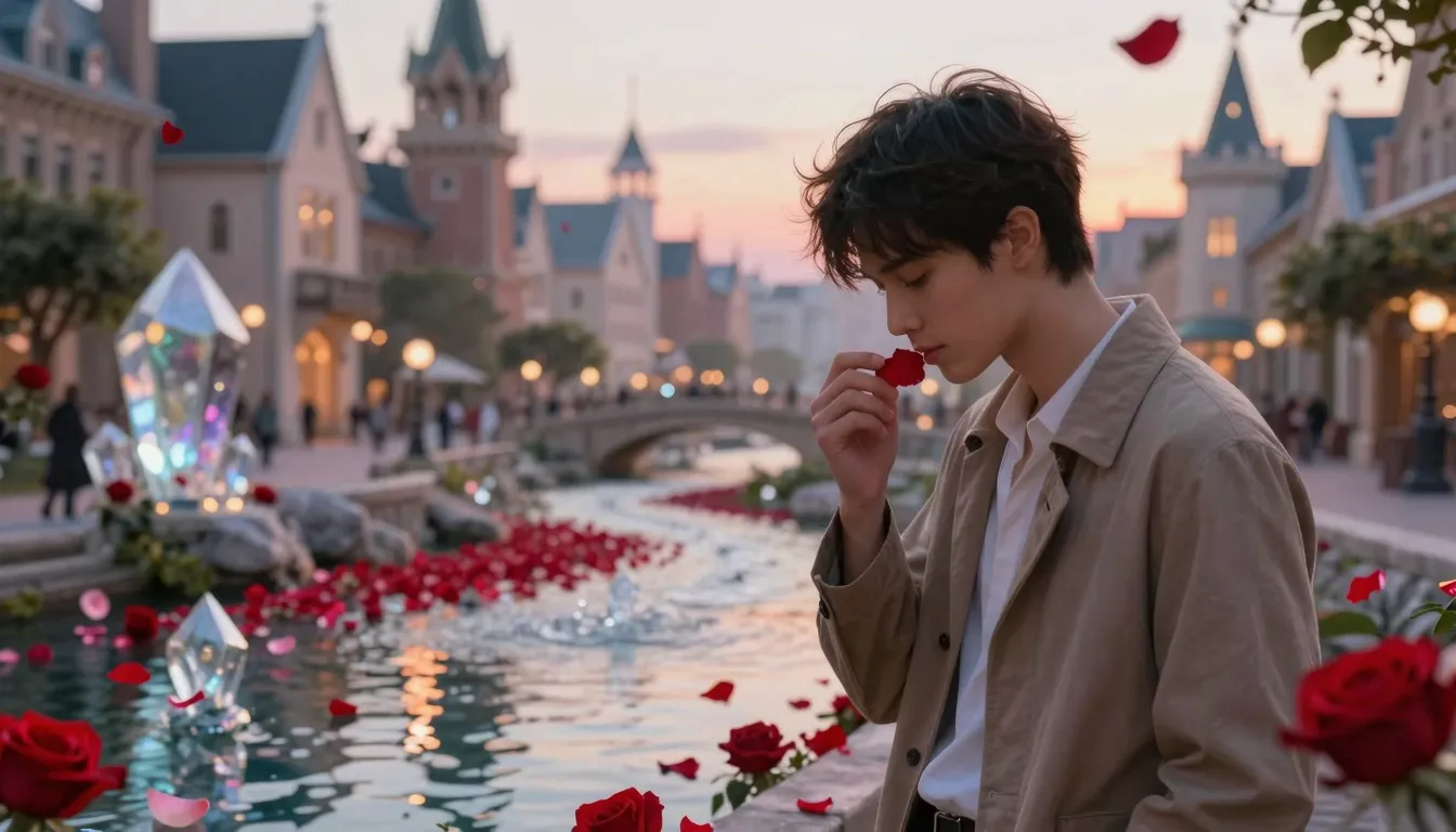 A magical fairytale city with a crystal stream full of float...