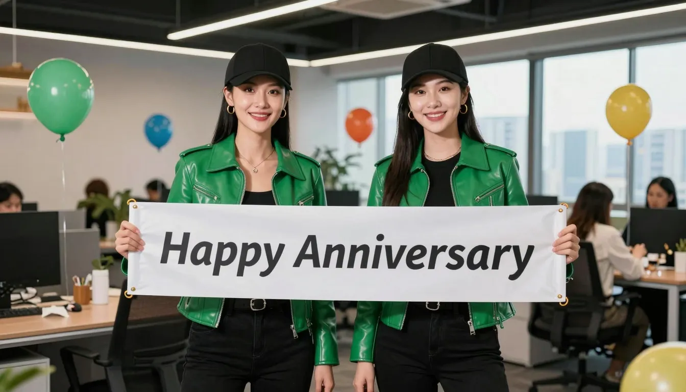 Two cheerful Chinese women in green leather jackets and blac...