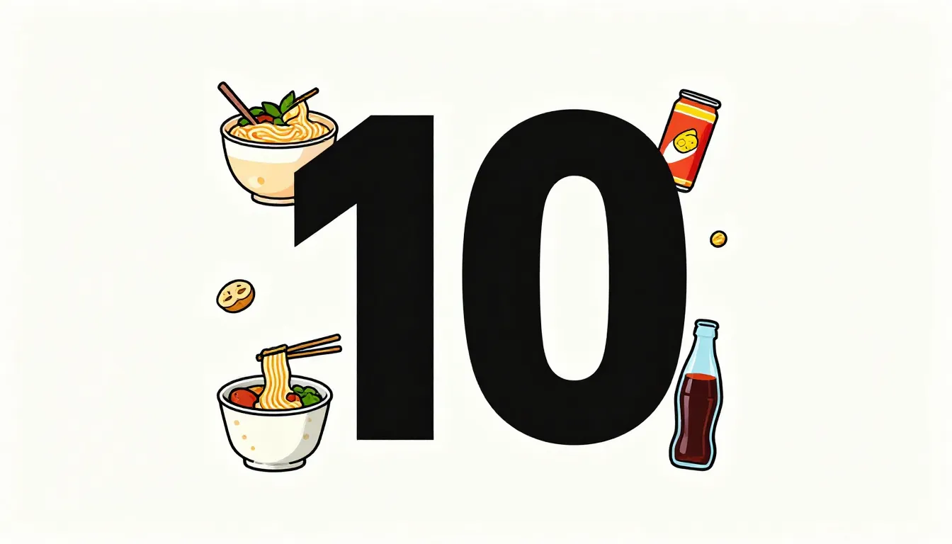 Minimalist poster with a large number 10, surrounded by styl...