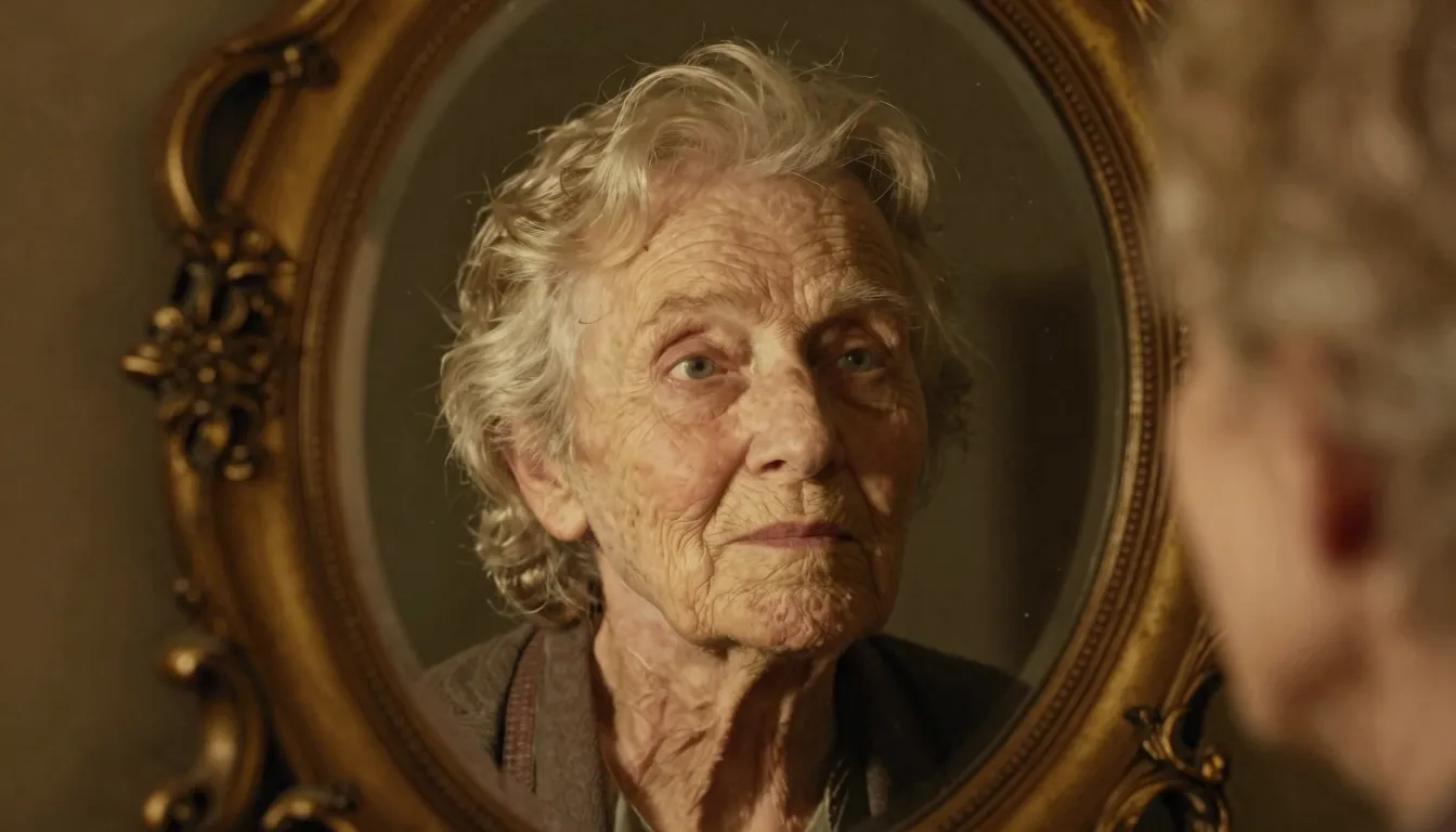 An old mirror reflecting a glowing, youthful soul inside an ...