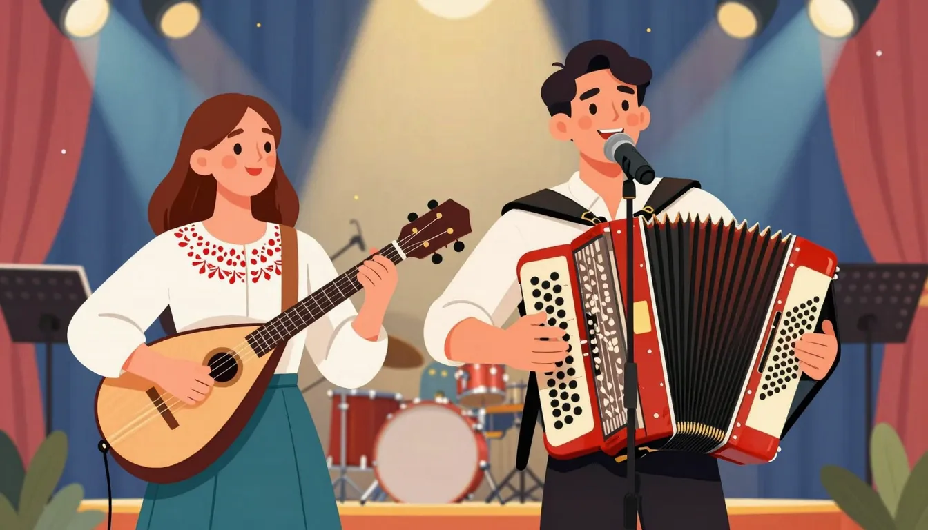 A stylized illustration of a male and female singer performi...