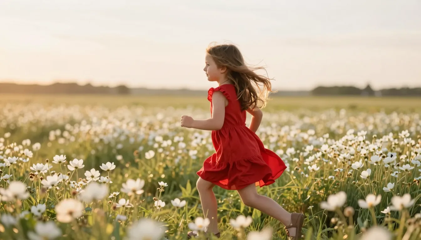 A small girl in a flowing red summer dress, running through ...