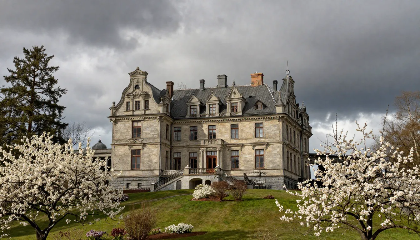 A majestic 19th-century Norwegian manor house on a hill, sur...