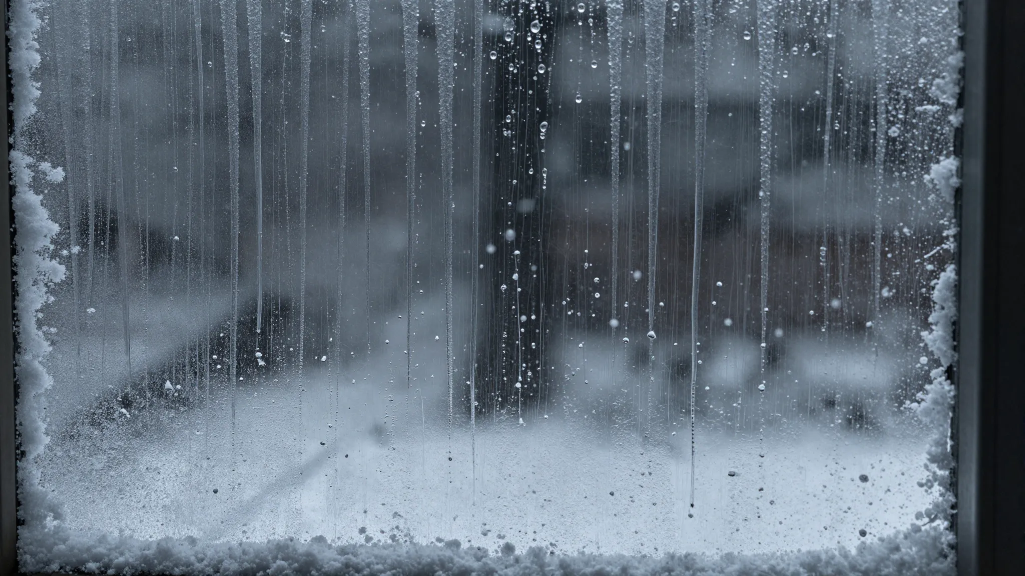 Melancholic view through a window, slushy snow and rain mixt...
