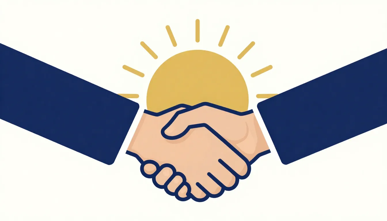 Minimalist symbolic illustration of two hands shaking, formi...