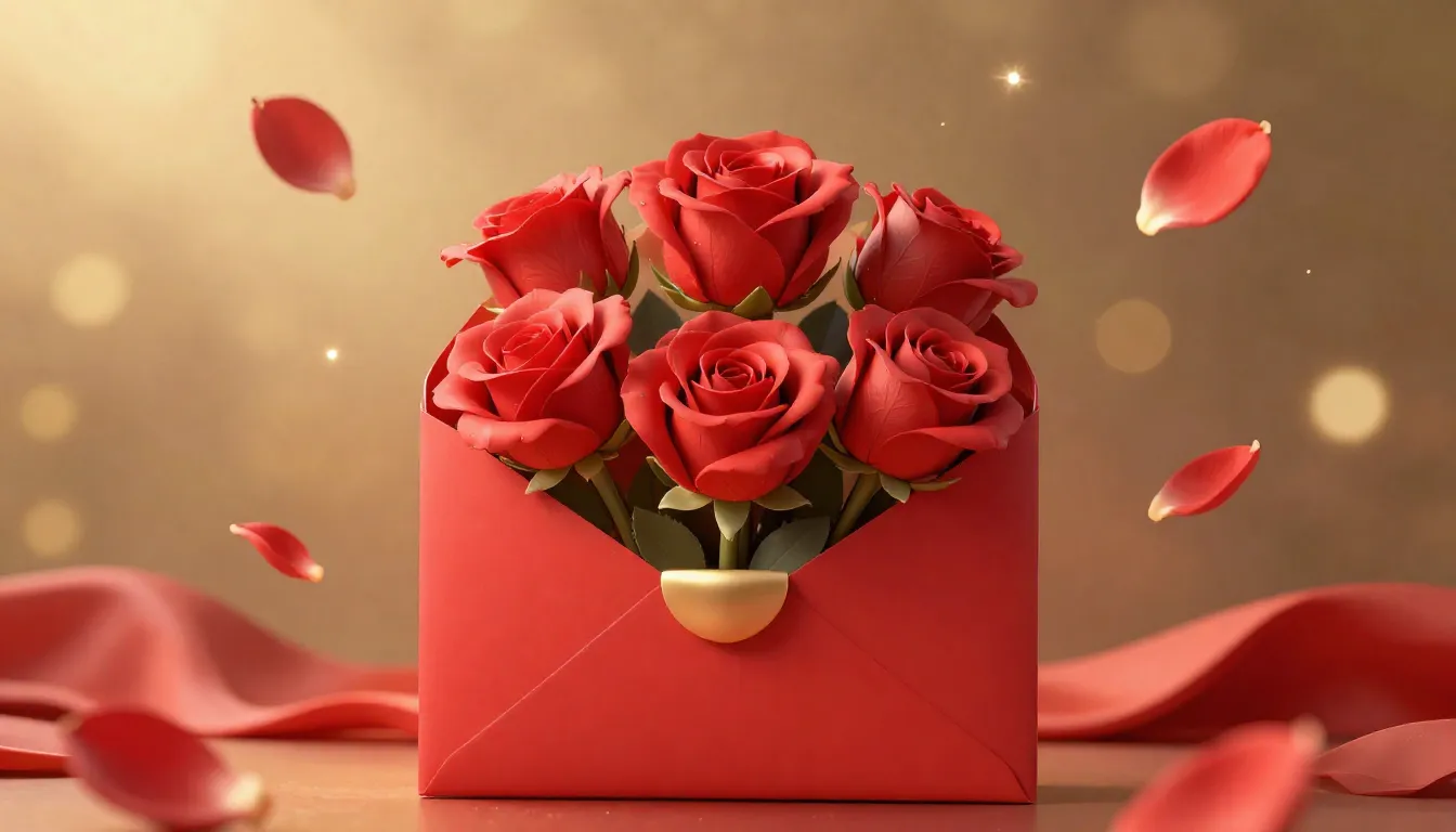 Hyper-realistic 3D render of a red envelope with blooming ro...