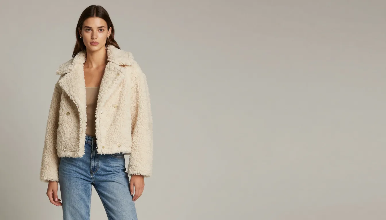 Commercial fashion shot, model on the left wearing cream ted...