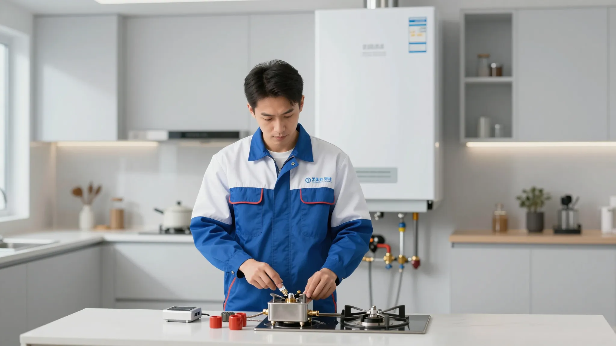 Professional service center background, centered gas technic...