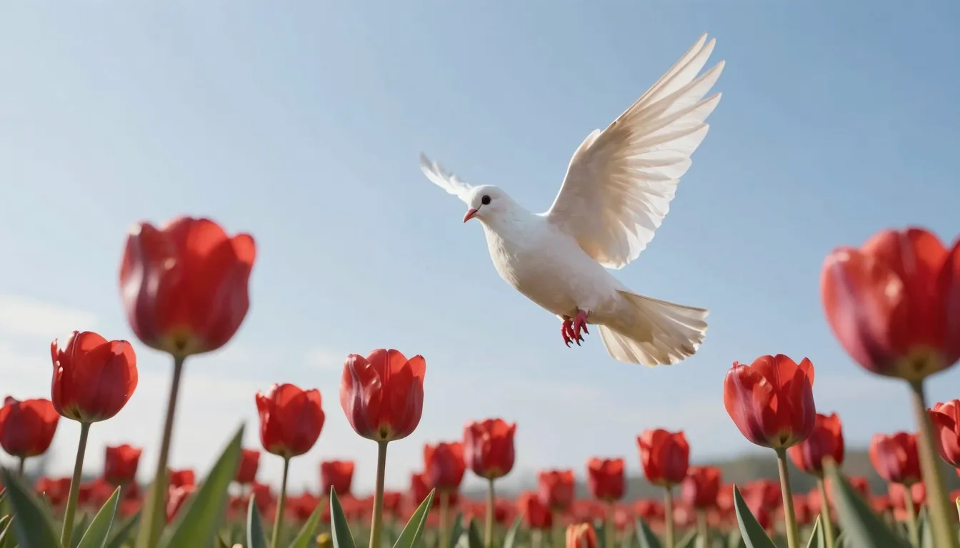 A symbolic image of a white dove flying over a field of red ...