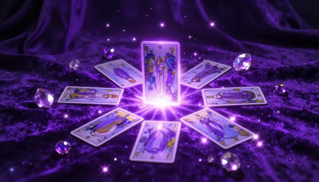Tarot cards scattered randomly on deep purple shimmering vel...