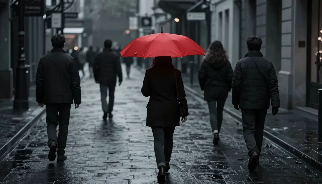 A cinematic shot of a grey, colorless city street where peop...