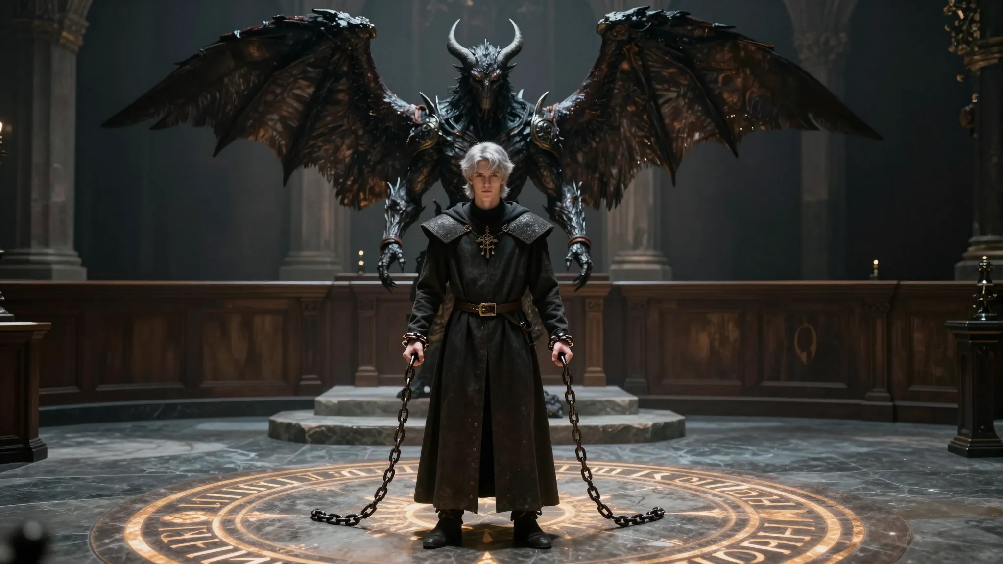A cinematic shot of a medieval courtroom, a young man with s...