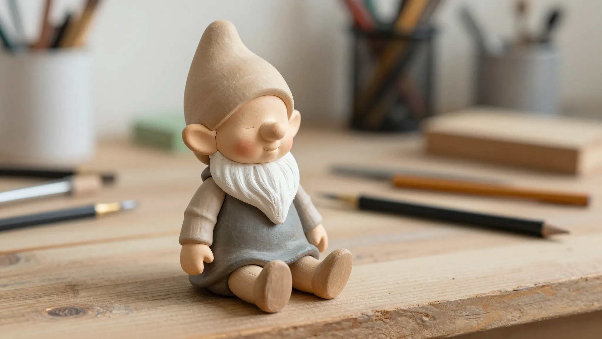 A charming, unfinished gnome girl toy made in mixed media, s...