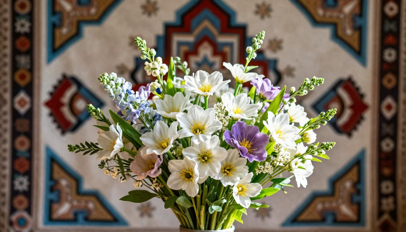 A beautiful bouquet of spring flowers with a traditional Kyr...