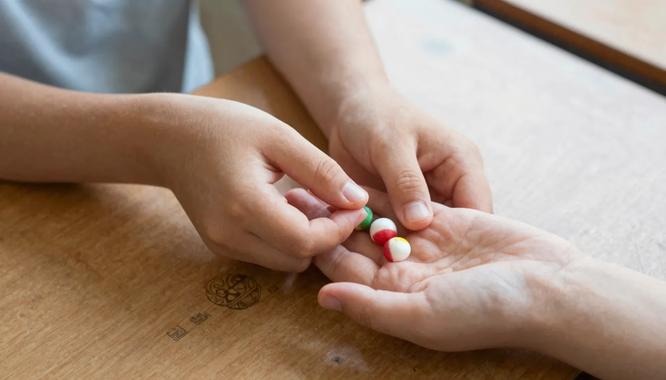Close-up of two simple, unmanicured hands: a boy's hand awkw...