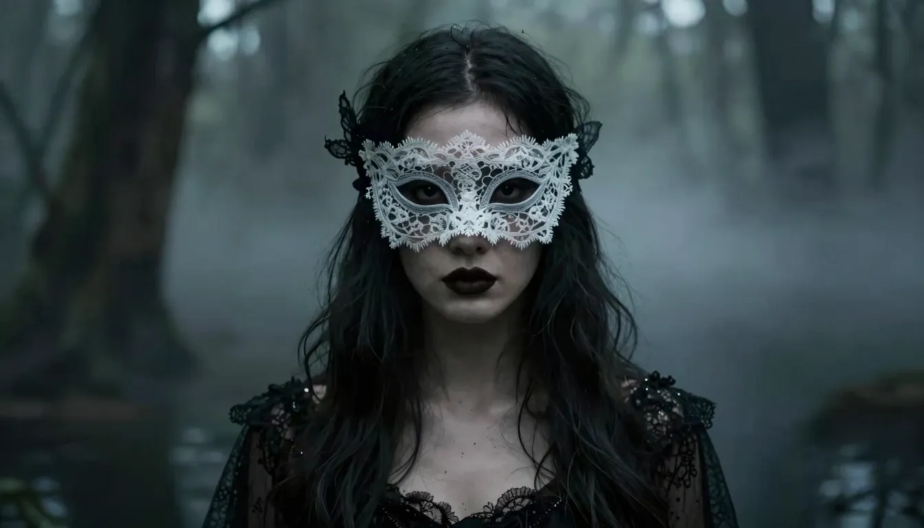 A dark aesthetic portrait of a woman in a delicate lace mask...